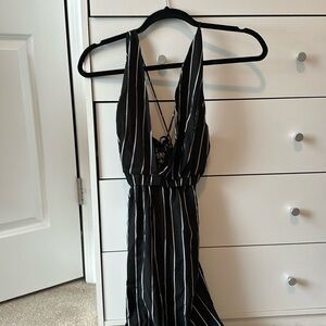 Pinstripe plunging neckline jumpsuit